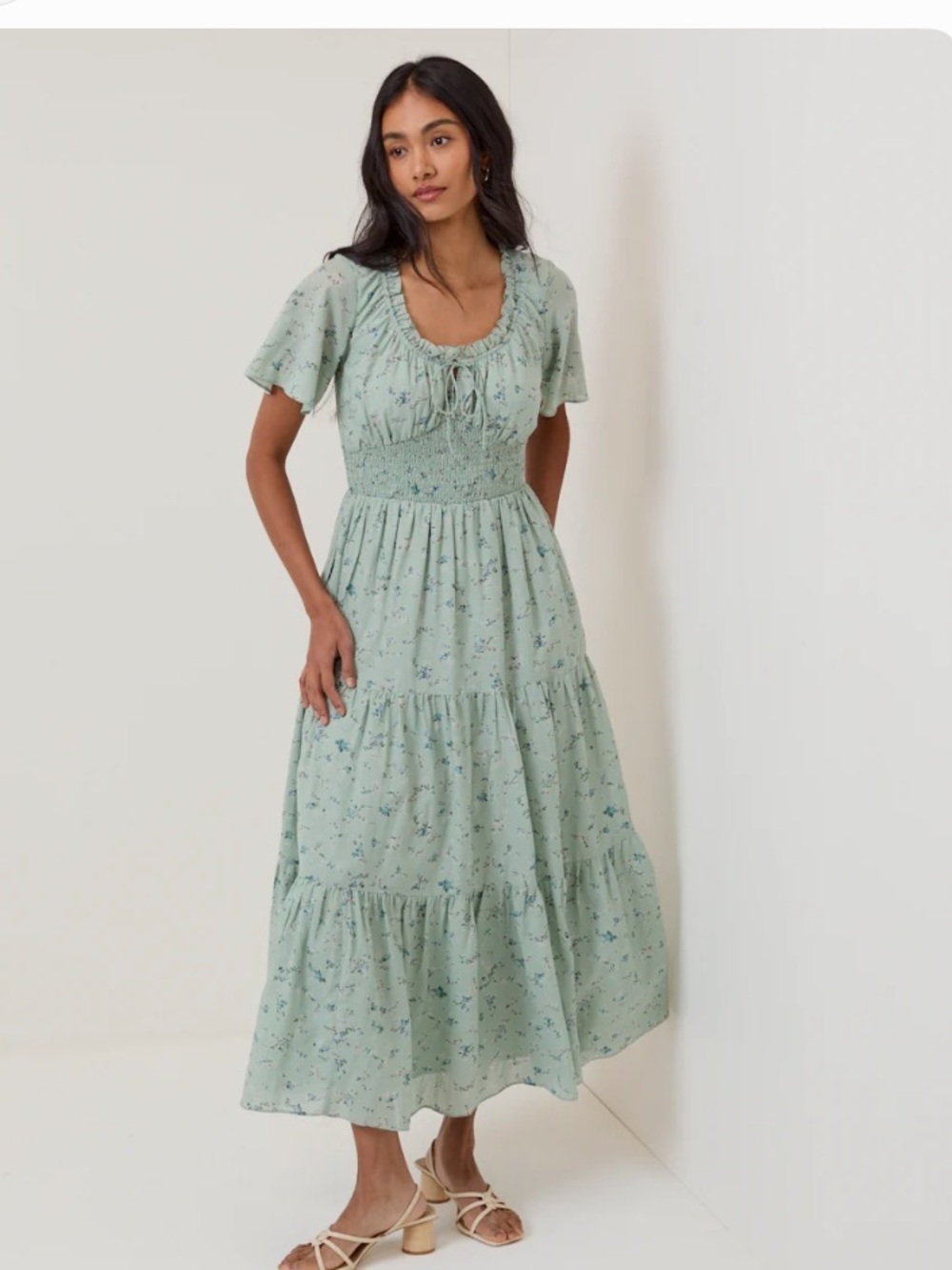 Nobody’s Child mint Ditsy Floral Cottagecore milkmaid Midi Dress size 2